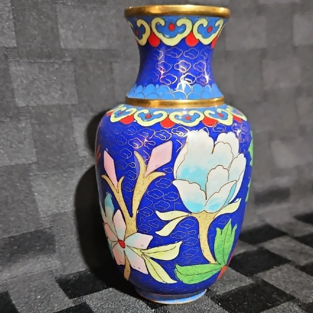 Vtg Chinese Cloisonne Enamel Cobalt Blue Pink Peony Red Bird Floral Vase
